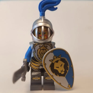 LEGO Minifigure-King's Knight Armor with Lion Head with Crown, Helmet with Fixed Grille, Blue Plume-Castle-Creative Brick Builders
